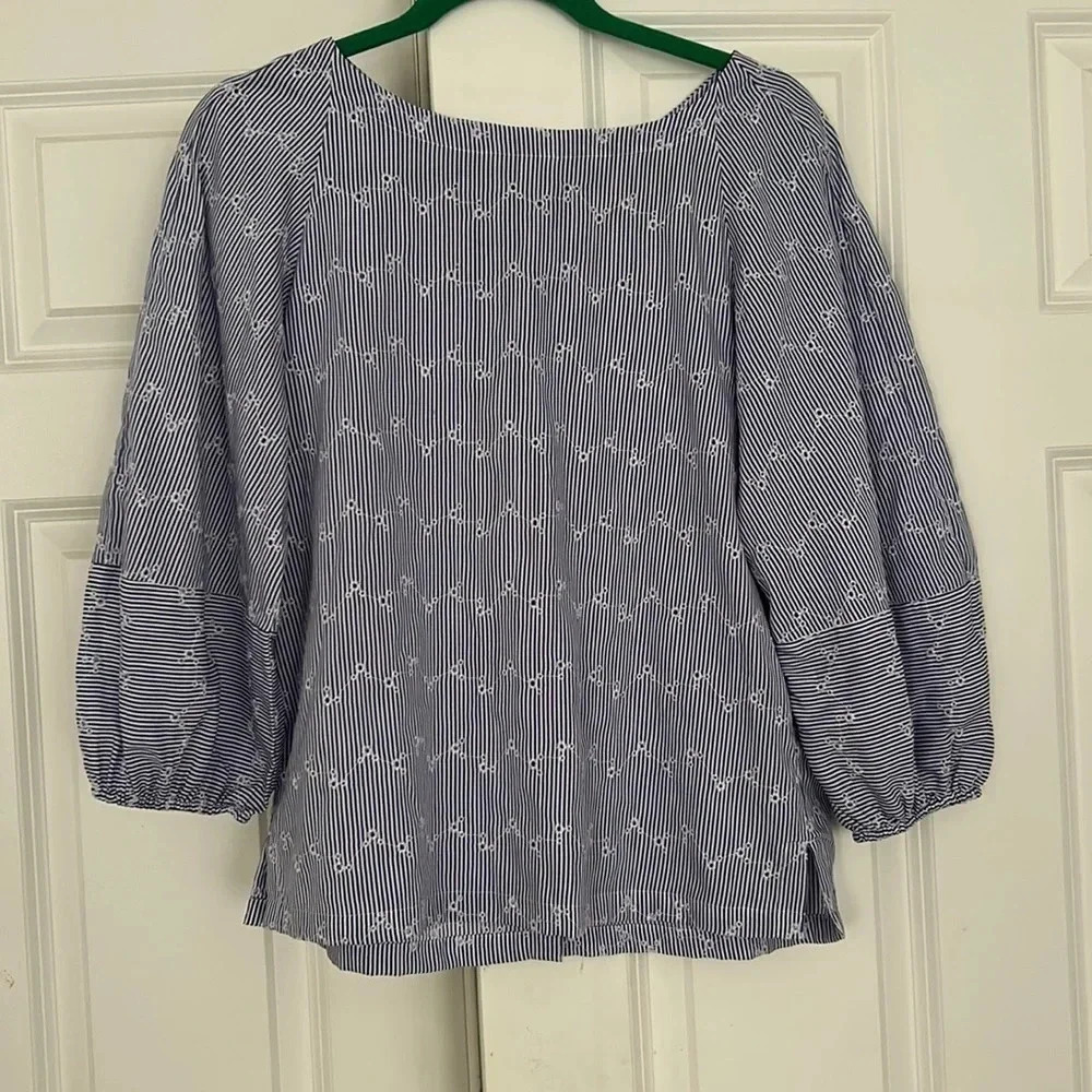 LOFT striped three-quarter length ballon sleeves top size XS embroidered eyelet